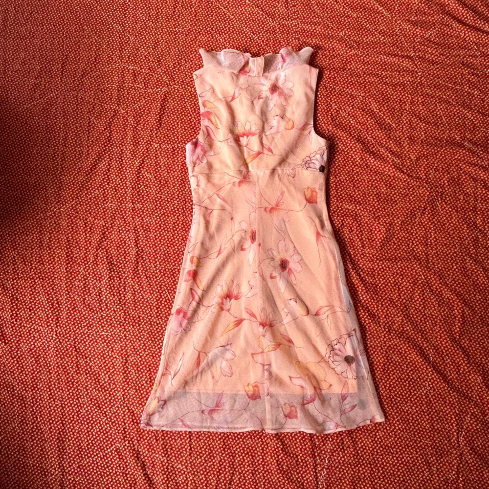 Rampage R Wear Vintage 90s Peach Floral Mesh Overlay Ruffle Mini Dress Small - Picture 2 of 8